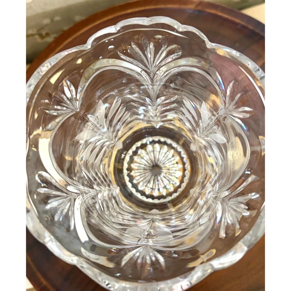 Vintage Polish 24% Lead Crystal Vase with Brass Stand Cut Glass Flower Hurricane